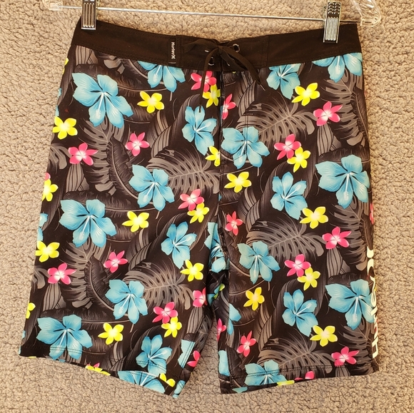 Hurley Mens Board Swim Skater summer Trunks Black Hawaiian Flowers Sz 14/27 - Picture 1 of 10